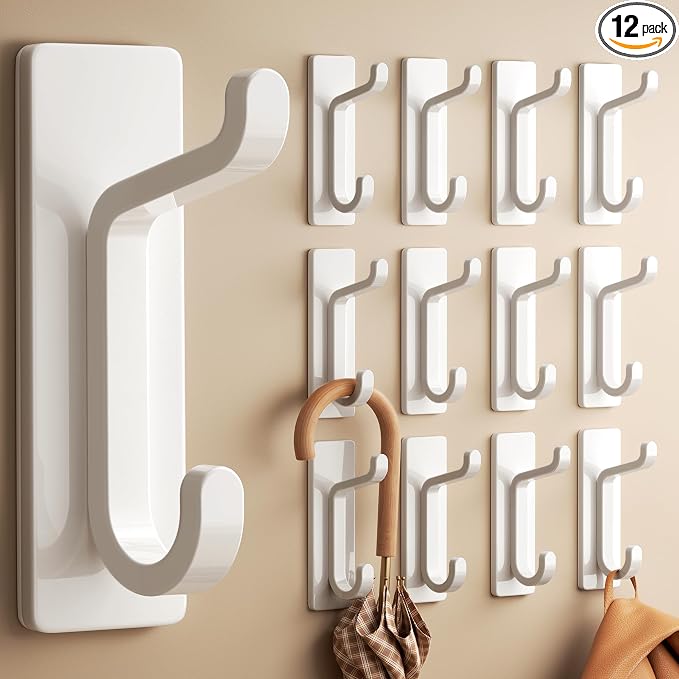 pickpiff 12 Pack Strong Stick-on Hooks 13LB for Coat & Towel, White