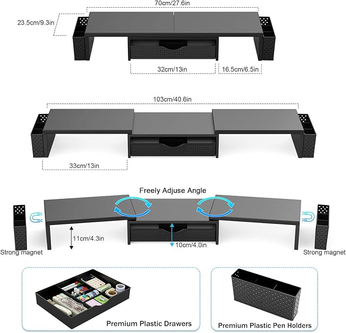 Spacrea Dual Monitor Stand Riser with Drawer and 2 Pen Holders | Monitor Riser Desk Organizers and Accessories,Desk Accessories & Workspace Desktop Organizers for Office Supplies (Black)