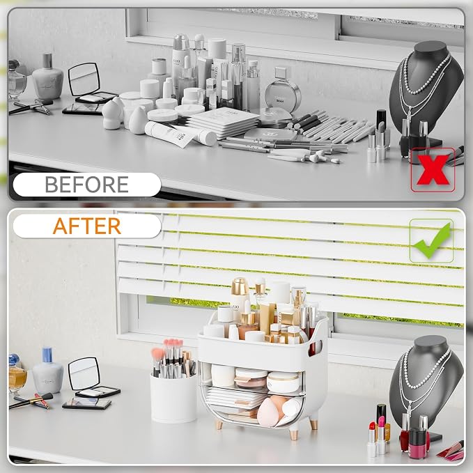 White Make up Organizer for Countertop,Vanity,Large Capacity Bathroom Makeup Skincare Organizers With Brush Holder,Makeup Storage Organizer for Lotion,Beauty Products,Skin Care,Makeup Display