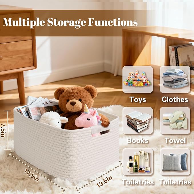 4 Pack Large Storage Basket for Organizing, 17.5"x13"x7" Woven Basket for Shelves, Closet Cube Storage Bins with Wrapped Handle, Cotton Rope Baskets for Kitchen, Clothes, Toys(Off White)