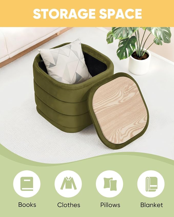 B FSOBEIIALEO Velvet Storage Ottoman with Tray, Square Folding Ottoman with Storage Coffee Table Foot Rest for Dorm Room, Living Room Olive, 15"x15"x15"