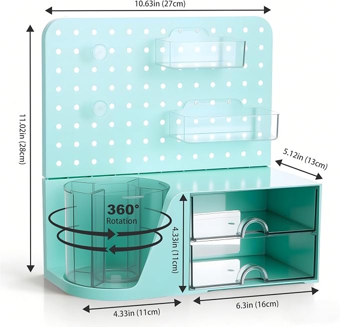 Comix Desk Organizer with 2 Drawer, Green 360° Rotating Pen Holder for Desk | Desk Organizers and Accessories with 5 Slots Pencil Holder+Pegboard+Drawer, Pen Organizer for Home School Art Office Supplies