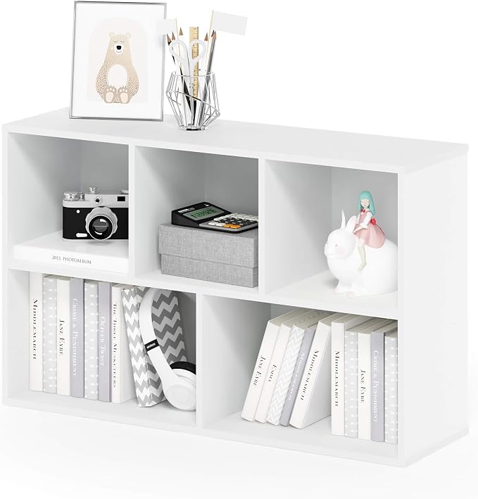 Furinno LUDER Book Shelf, 5-Cube Bookshelf, Reversible Bookcase, 9.4 x 19.5 x 31.5, Easy Assembly, for Living Room, Bedroom, Home Office, White