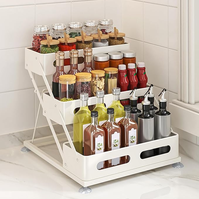 Ceetug 3 Tier Foldable Spice Rack, White | Iron, For Countertop, Kitchen Seasoning Organizer, For Cabinet