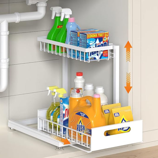 Saydear L-Shaped Under Sink Organizer, 2-Tier Pull-out Cabinet Rack 1-Pack | White Height-Adjustable Steel Rack, Sliding Grid Drawers with PP Liners, Holds 100 Lbs, Suction Base, Ideal Kitchen Storage