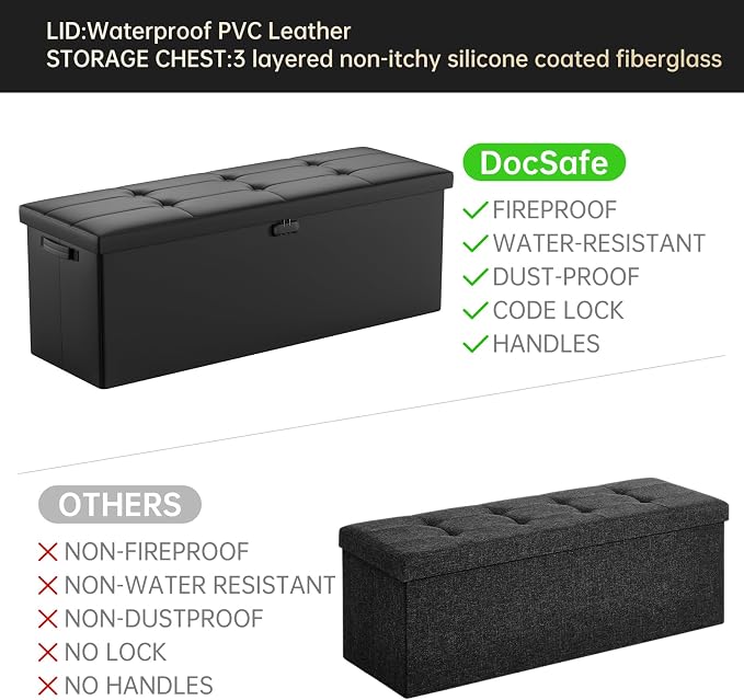 DocSafe Storage Ottoman Bench,Fireproof＆Waterproof Folding Bench with Lock(15”x 43”x15”),Leather Storage Chest with Handles＆2 Extra Boxes,Ottoman Safe for Bedroom,Living Room,Home Office,Black