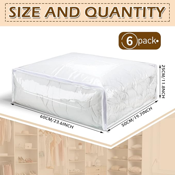 6 Packs Clear Zippered Storage Bags 24 x 20 x 11 Inch Sweater Moth Bags Vinyl Plastic Storage for Blankets Clothes Bed Sheet Organizer with Zipper for Closet Linen Sweater Clothes Comforters Pillow