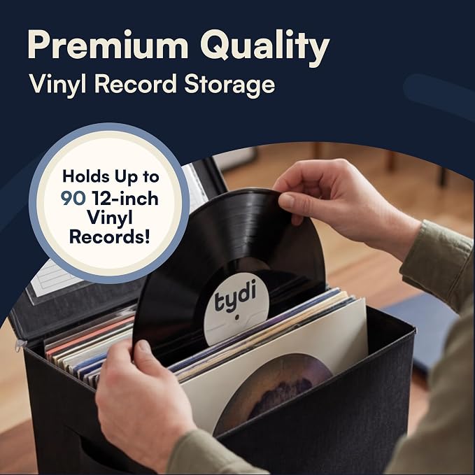 Vinyl Record Storage Box with Zip Closure – Holds Up to 90 12 Inch Vinyl Records – Collapsible Crate, LP Storage Boxes, Records Box – Stackable Record Case, Black, 4 Pack