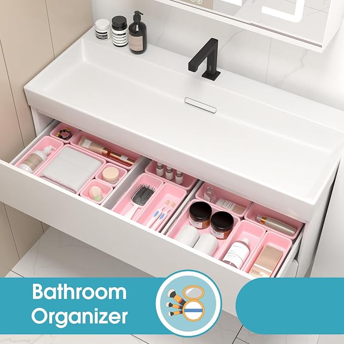 10 PCS Drawer Organizer Set, 4 Size Makeup Drawer Divider Organizer With Non-Slip Pads, Interlocking Plastic Storage Bins for Office,Jewelry Vanity,Gadgets, Bathroom,Kitchen, Pink