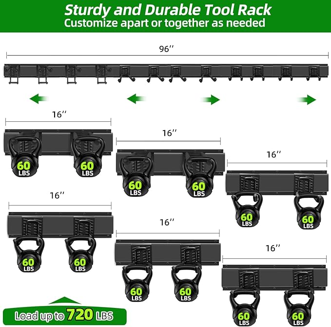 Garage Wall Organizer, 96 in Garden Tool Organizer with 12 Adjustable Hooks | 720 LBS Load, Wear & Tear Resistant, Soft Anti-Scratch Hook Sleeves, 3 Extra Storage Straps, For Garden Lawn & Shed Tools