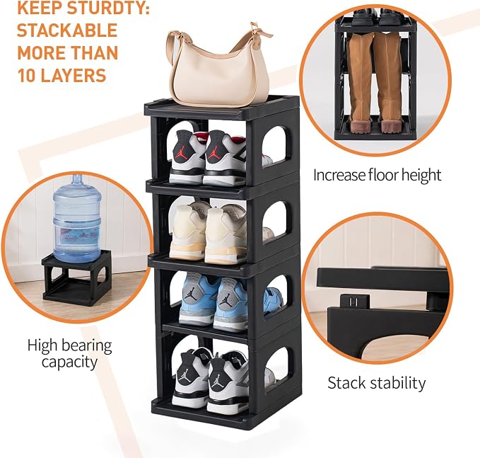 5 Tiers Vertical Shoe Rack for Closet Narrow Shoe Holder Storage Organizer, Plastic Free Standing Shoe Rack Shelf for Entryway Stackable Stability DIY, Black