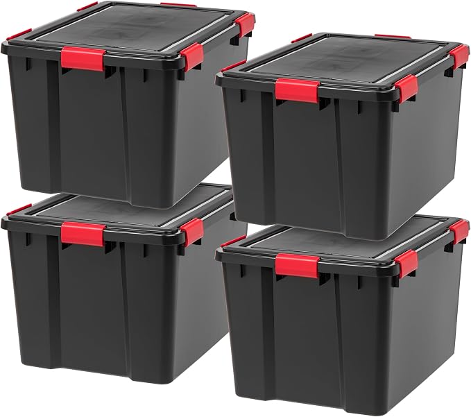 IRIS USA 4-Pack 74 Qt Storage Bins with Gasket Lids, Black/Red | WeatherPro seal helps protect bulky items for moving, garage, attic and basement storage