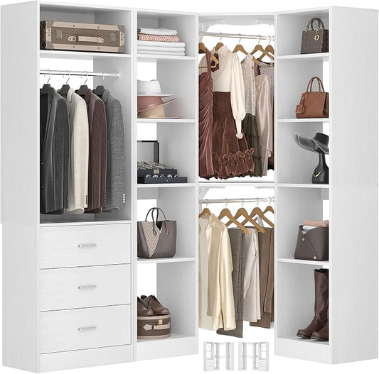 Besiost Corner Closet System with 3 Drawers, Corner Closet Organizer System with 13 Shelves & 3 Hanging Rods, 63.2"L * 39.2"W Reversible L Shaped Walk-in Closets, Load 2000+LBS, White