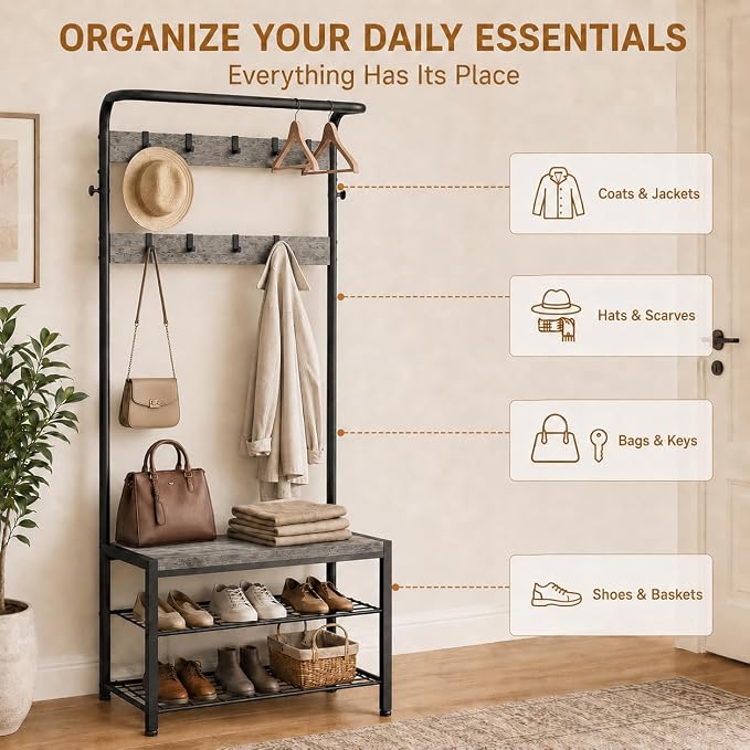 Simple Deluxe 4-in-1 Hall Tree with Bench and Shoe Storage, Entryway Coat Rack with 10 Hooks, Freestanding Mudroom Organizer with 2-Tier Shoe Rack for Entryway Bedroom Foyer, Grey