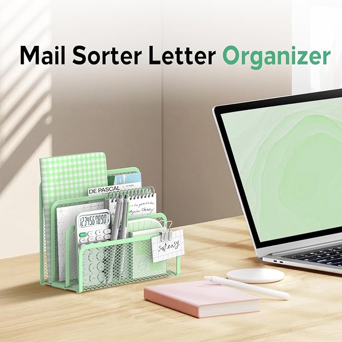 SUPEASY Mail Organizer for Desk, Mesh Metal Mail Holder Countertop with 3-Slot, Letter Sorter File Holder, Office Envelope Organizer for Mails (Mint Green)