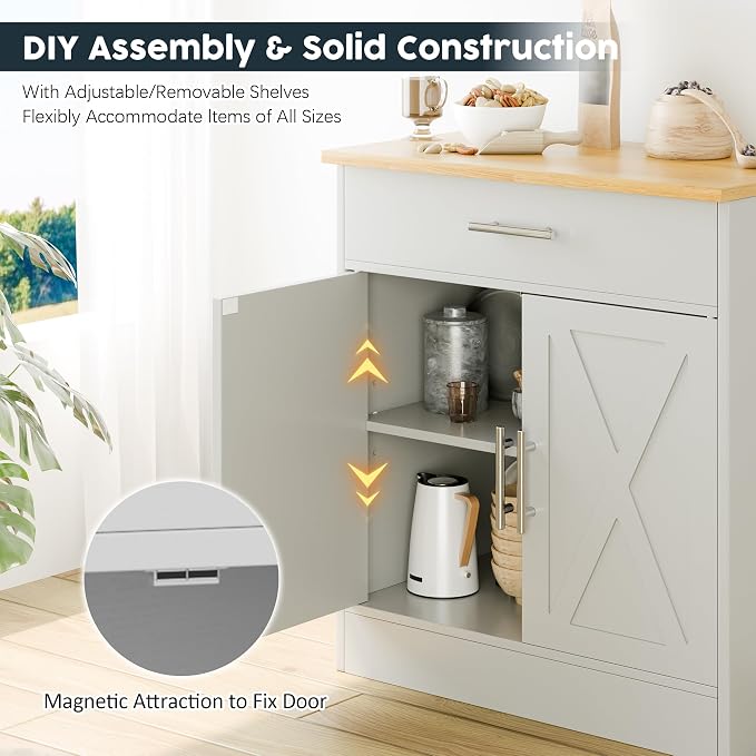 Coffee Bar Cabinet, Wooden Storage Cabinet with 2 Doors and 1 Drawers, Adjustable Shelf, Modern Farmhouse Kitchen Buffet Sideboard Cabinet with Storage for Kitchen, Rustic White&Yellow
