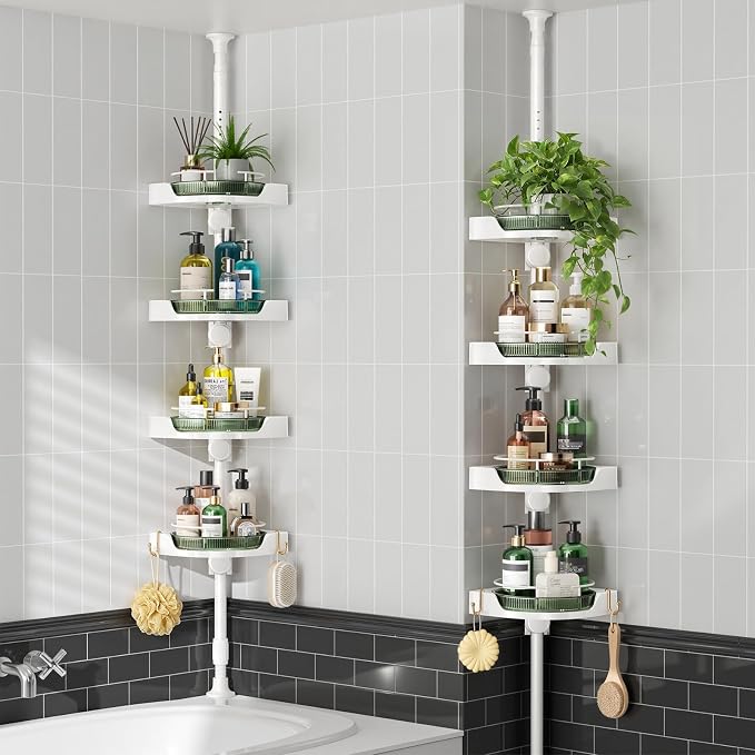 AKINBAS 360° Rotating Shower Caddy Tension Pole with 4-Tier Rustproof Lazy Susan 35-128 Inch No Drilling Coner Shelves Adjustable Shower Rack for Bathroom Bathtub Washbasin Plant Storage (White+Green)