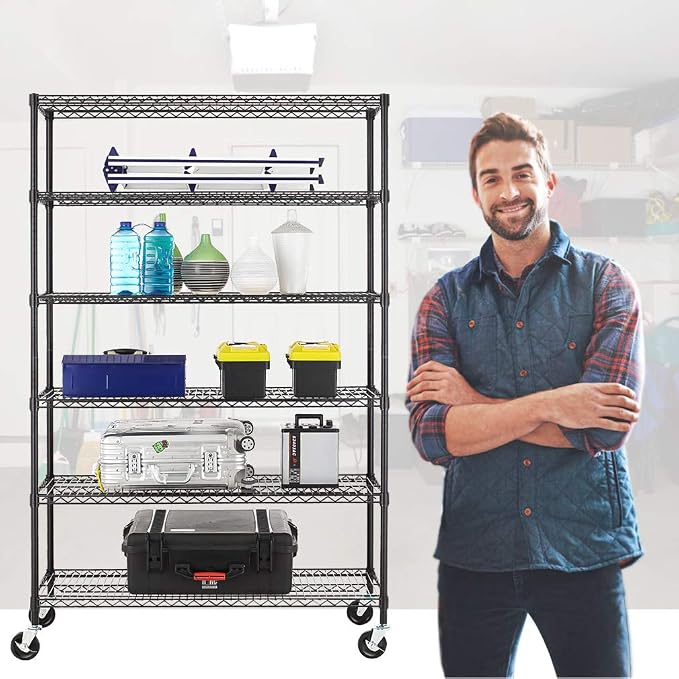 BestOffice | 6-Tier Wire Shelf with Wheels | 18" x 48" x 78" | Black | Storage Shelves with Adjustable Racks, Holds upto 600 lbs | Rust-Resistant, No-Tool Assembly | For Home, Garage
