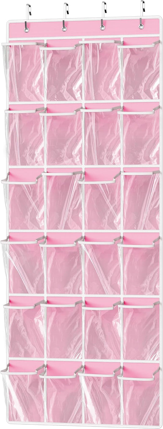 Simple Houseware 24 Pockets Large Clear Over the Door Shoe Organizer, Pink | 56" x 22.5", 4 Durable Metal Hooks, 5" x 9" Pocket Size, Multipurpose