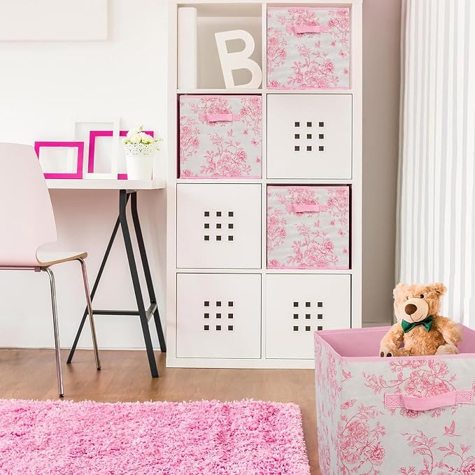 6 Pcs Pink Floral Cube Storage Bins 12.5 Inch Pink Flower Storage Basket with Handle, Preppy Girls Organizer Basket, Collapsible Fabric Box for Classroom Bedrooms Office Home Decoration (Flower)