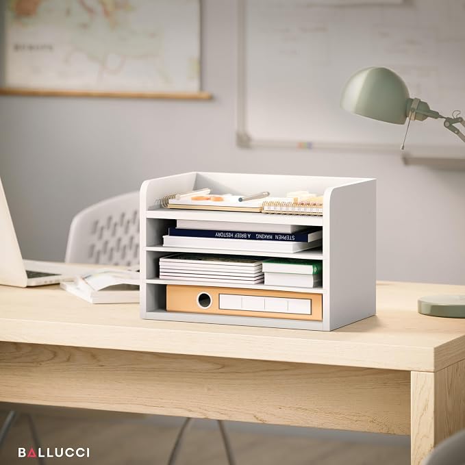 Ballucci File Organizer, 4-Tier Office Desk Organizer, Open Top Wood Paper Organizer for Classroom, Mail Sorter Paper Tray with Adjustable Storage Shelves, White