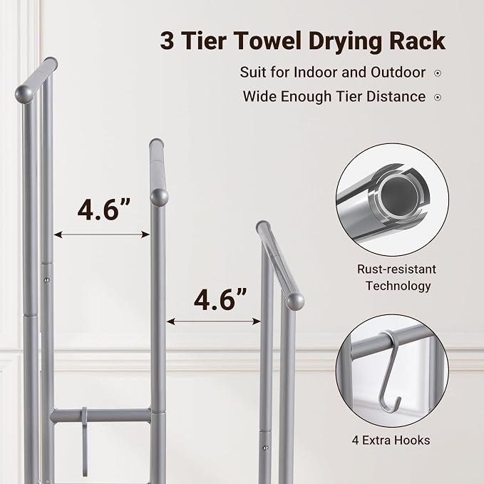 ELYKEN 3 Tier Freestanding Towel Rack with Shelf, 40" H Towel Stand, Silver | Metal Drying Rack for Oversized Bath Towels & Blankets, 4 Hooks, Indoor & Outdoor Use, Fits Bathroom, Tub, Shower, Poolside