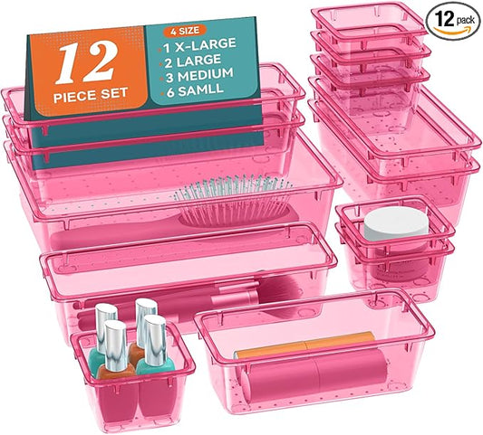 12 PCS Drawer Organizer Set, Makeup Organizers, Tool Storage Trays, Pink | 4 Sizes, Plastic, Stackable, Multiple Gadgets, Desk Drawer Divider Organizers, for Makeup, Office Supplies Storage