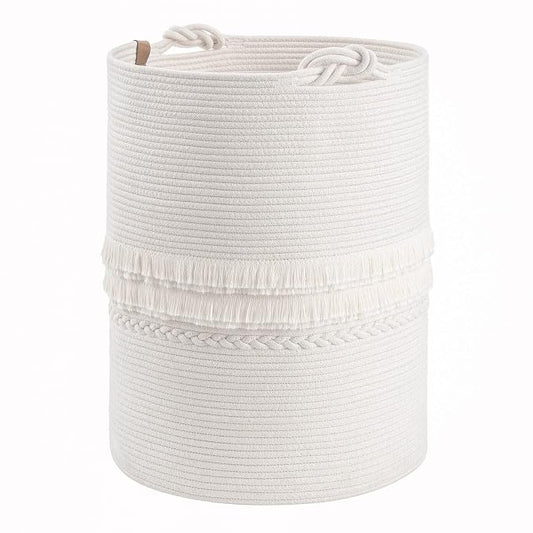 CherryNow 70L Woven Rope Laundry Basket with Tassel, 16" x 22", White | Tall Storage Basket for Blankets, Clothes & Towels, Fits Living Room Décor, Decorative Laundry Hamper with Knotted Handles