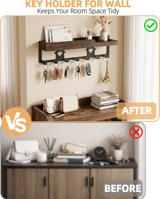 lucdnc Key Holder for Wall with Tray, 7 Hooks & Wood Shelf | Decorative Entryway Organizer for Mail, Keys, Sunglasses, Wall Mounted, Home Office
