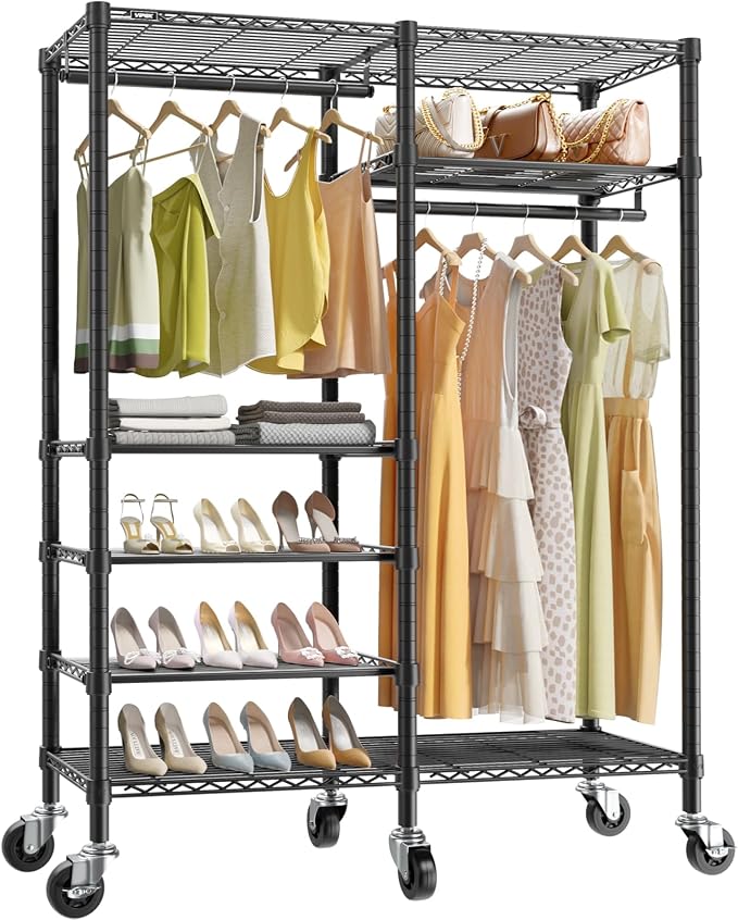 VIPEK R4 Rolling Clothing Rack, Garment Rack with Movable Wheels, Black | 360°Silent Wheels, 4 Adjustable Shelves, 2 Hanger Rods, Heavy Duty Clothes Rack for Hanging Clothes, for Laundry Room/ Closet