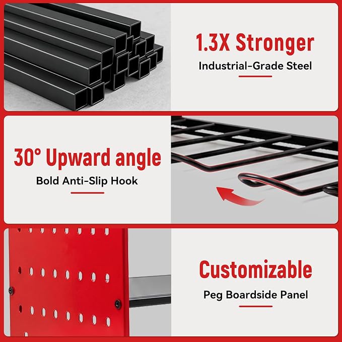 Power Tool Organizer Wall Mount,Power Drill Tool Holder | 200lb Heavy Duty Tool Shelf,4 Tier Cordless Tool Organizerwith 4 Drill Holders & 3 Divider Panels,Red