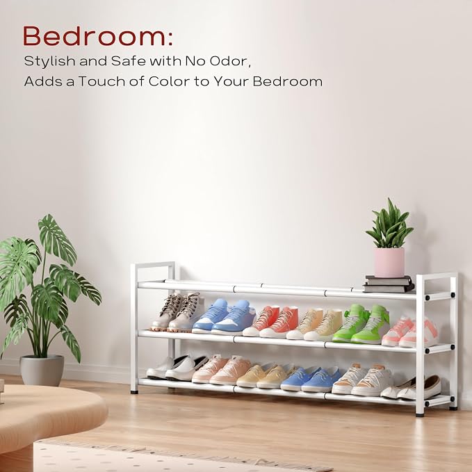 Bumusty 3 Tier Long Expandable Shoe Rack for Closet, White | 18"-44" Adjustable Shoe Rack for Entryway, Shoe Organizer for Dorm, Front Door, Sturdy Metal
