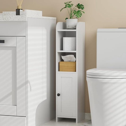 Homhedy Small Bathroom Storage Cabinet, Narrow Toilet Paper Cabinet | Corner Floor Cabinet with Door and Shelves, Slim Bathroom Cabinet for Small Spaces, 7.9" D x 7.1" W x 31" H, White