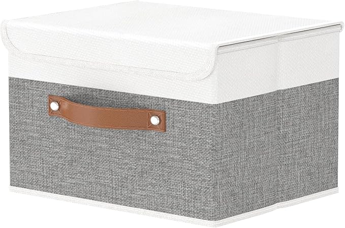 OUTBROS Storage Boxes, Bins with Lids, 10.2x7.9x6.7 in, White/Grey | Cotton and linen cloth Storage Baskets with Handle, for Books, Closet, Bedroom, Home