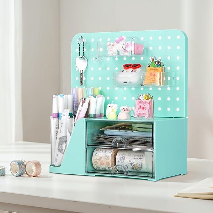 Comix Desk Organizer with 2 Drawer, Green 360° Rotating Pen Holder for Desk | Desk Organizers and Accessories with 5 Slots Pencil Holder+Pegboard+Drawer, Pen Organizer for Home School Art Office Supplies