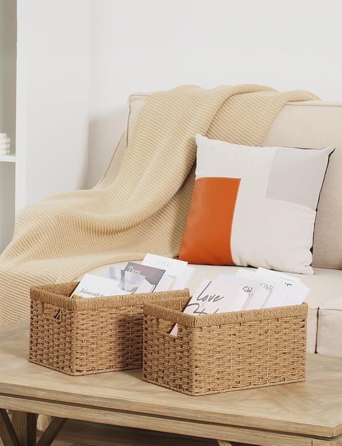 StorageWorks Round Paper Rope Storage Baskets, Rectangular Wicker Baskets with Built-in Handles, Medium, 13" L x 8¼"W x 7" H, 2-Pack