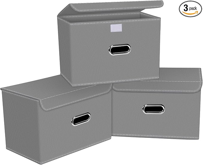 Linen Fabric Foldable Collapsible Storage Cube Bin Organizer Basket with Lid, Leather Handles, Removable Divider for Home, Closet (Grey, 3Pcs)
