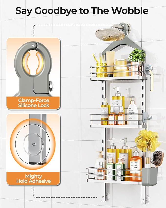ODesign 3 Tier Adjustable Shower Organizer Hanging Over Head Silver | Shower organizer hanging,no drilling required,comes with removable hook and storage box, suitable for indoor showers