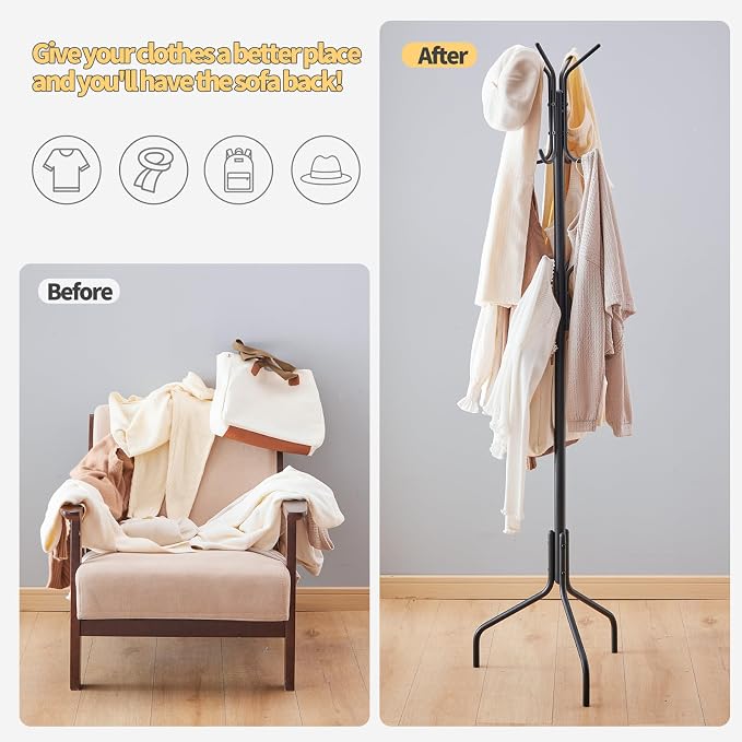Coat Rack Freestanding,hat and coat rack stand for entryway,Living Room,Bedroom,Metal coat tree with12 Hooks and 3 Legs (Black)