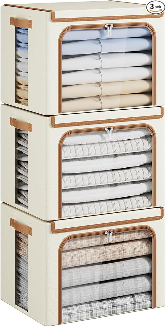 Yecaye Clothes Storage Bins with Metal Frame, Foldable Clothing Storage Bin with Lid, Stackable Oxford Fabric Organizer Box With Clear Window & Zippers & PU Leather Handles (3 Pack,Beige,40L)