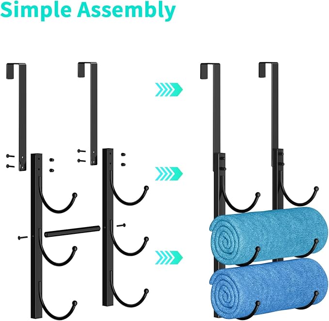 HapiRm Rolled Towel Racks for Bathroom - 3-Tier Over The Door & Wall Mounted Bathroom Towel Storage, Hanging Metal Organizer for Towels & Bath Sheets, Space Saving Rack for Bathroom, Camper, RV, Black