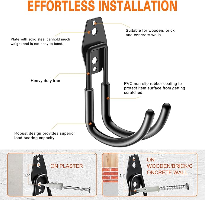HUPBIPY Heavy Duty Garage Hooks 4 Pack, J Shaped Hanger, Wall Mounted Storage System, Power and Garden Tool Organizer, for Hanging Ladders, Bikes Tires, Hose, Bulk Items