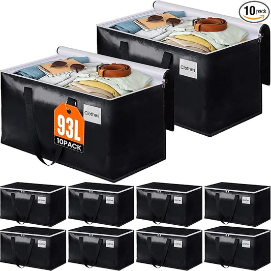 Heavy Duty Moving Bags, Extra Large Storage Bags, 93L, 10-Pack, Black | Foldable, with Zippers, Tag Pocket & Handles, Reusable, Space-saving, Water-Resistant, for moving & storage, Versatile Use