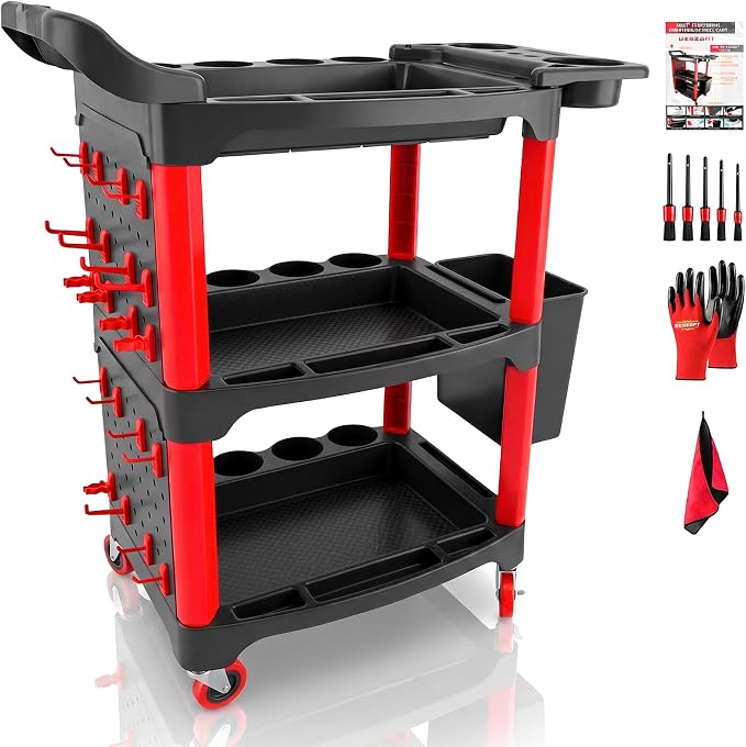 Auto Detailing Cart with Wheels, 3 Tier Rolling Detail Cart | With Long Hanging Plate, Hooks, Hanging Bucket and Cat Ear Basket, for Detailers Garage, Workshop, Repair Shop, Storage Tool