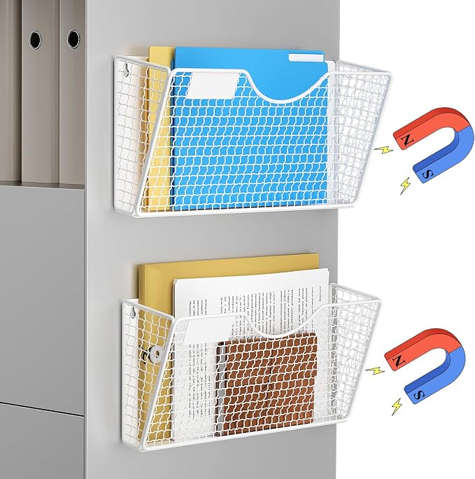 MFTEK Magnetic File Holder, 2 Pockets Wall File Folders Holder No Drilling Magnetic Paper Mail Organizer Magazine Basket, Hanging Storage Rack for Fridge Cabinets Office Classroom(White)