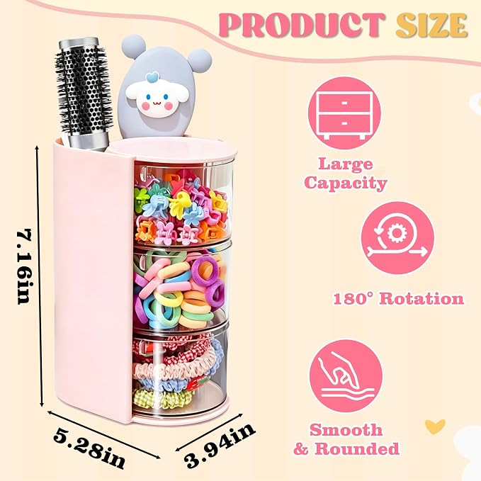 Azurphoric Hair Accessories Organizer with Hair Brush Holder(Pink, 3-Layer) | Rotatable Makeup Brush Holder for Necklaces, Earring, Bracelet, Ring, Makeup Brushes, Hair Clip and Hair Accessories