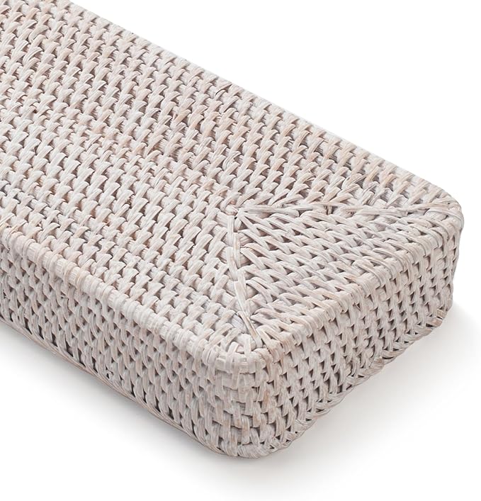 Rattan Bathroom Vanity Trays Toilet Tank Baskets Long Narrow Hand Towel Storage Basket for Storage, Decorative (Whitewash 16.3 x 6.1 x 2 inch)