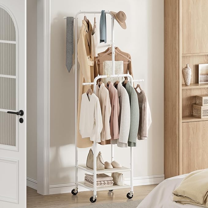 Chrislley Small Clothing Rack With Wheels & 2 Shelves, Narrow Clothes Rack | 3-Section Different Heights Metal Rolling Garment Rack, 71" Tall Portable Coat Rack with 6 Hooks for Bedroom, Entryway, White