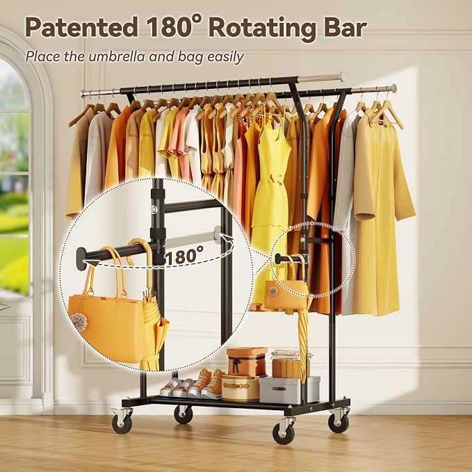 800LBS Heavy Duty Clothes Rack: Rolling Clothing Rack for Hanging Coat Double Rods Portable Wardrobe Garment Racks with Wheels Shelf Sturdy Metal Adjustable Bedroom Laundry Living Room (Brown)
