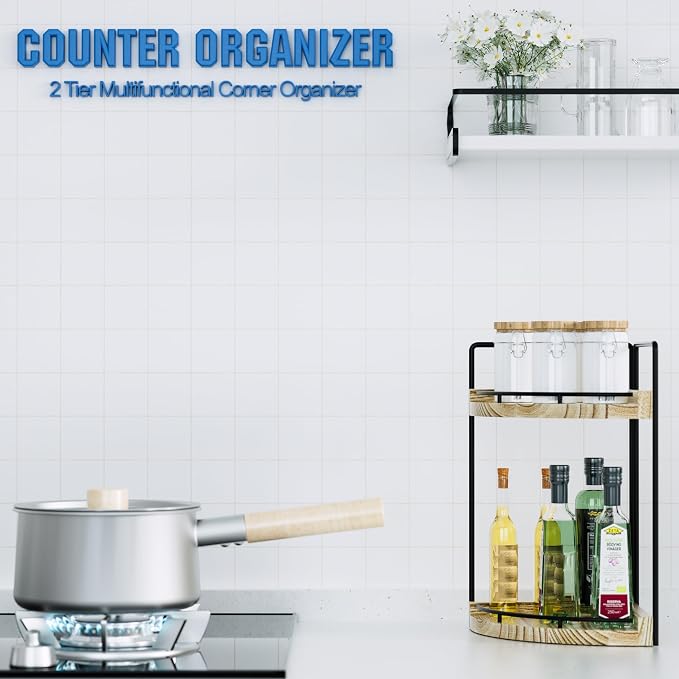 Corner Bathroom Counter Organizer, 2 Tier Wood Vanity Storage, Waterproof Skincare Shelf for Kitchen & Toiletries Decor, Dresser (Rustic-2 Tier)